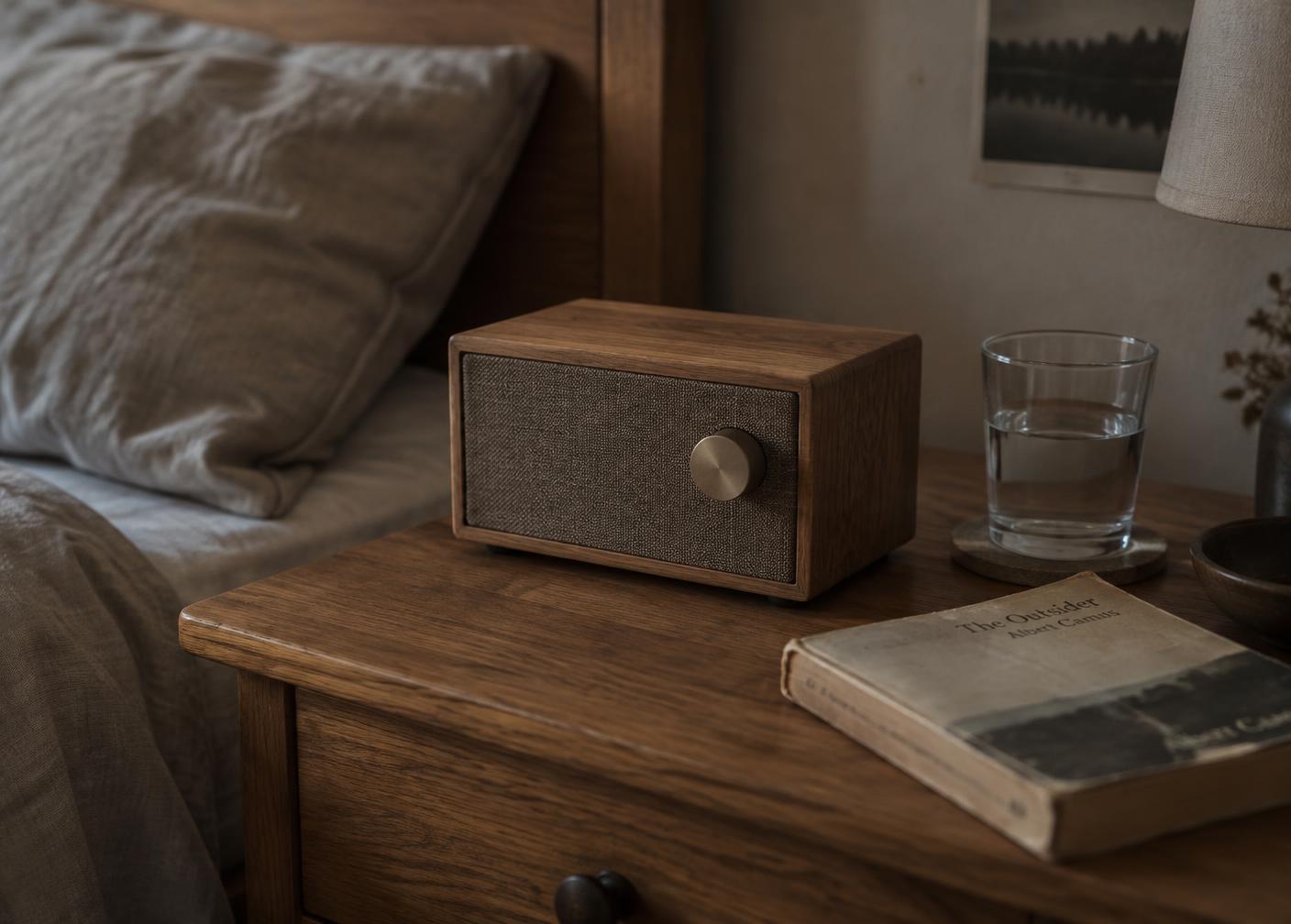 Clio in walnut on a nightstand beside a paperback and a glass of water