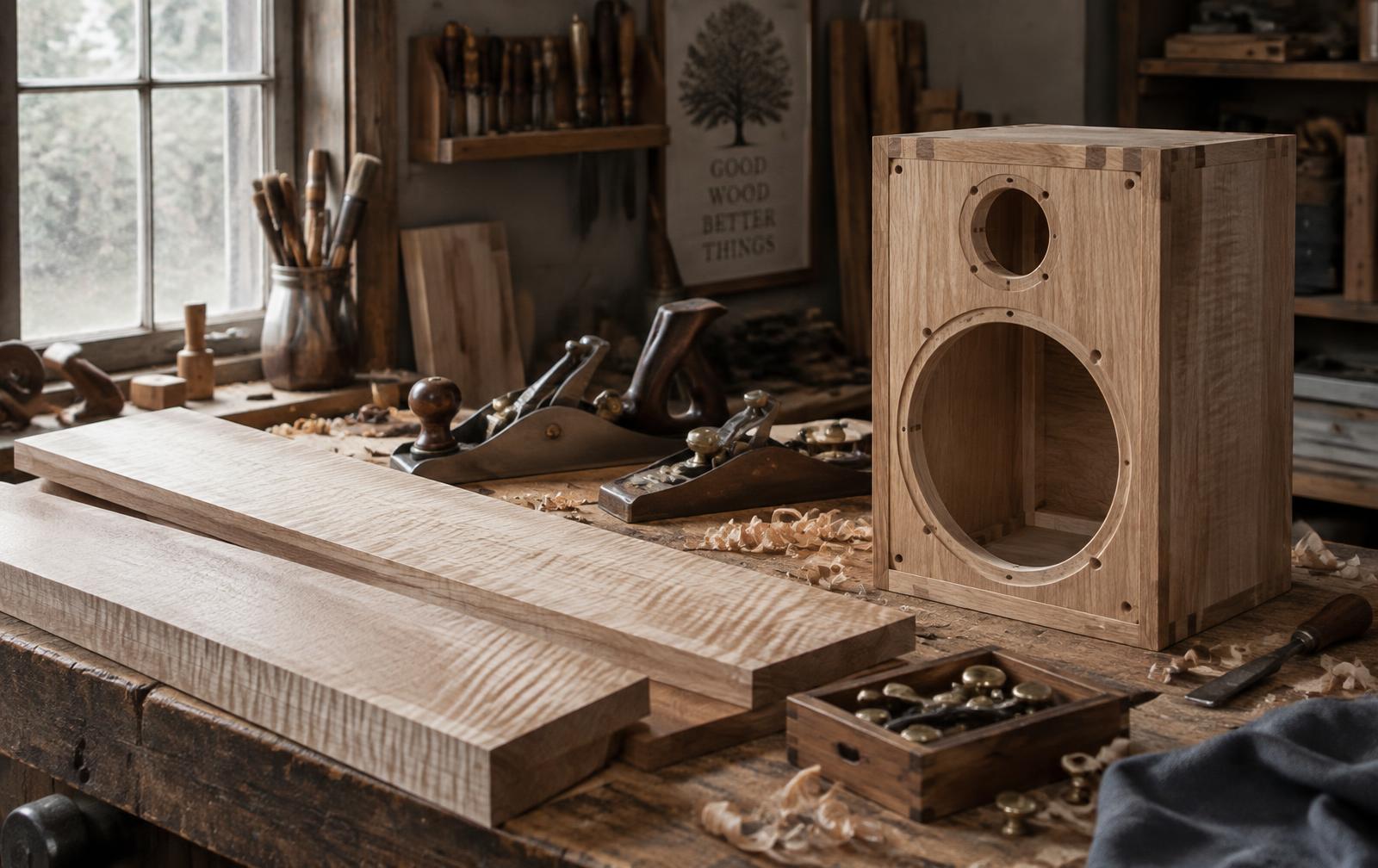 A workshop bench with quartersawn ash boards, hand planes, a tray of brass knobs and a half-finished cabinet