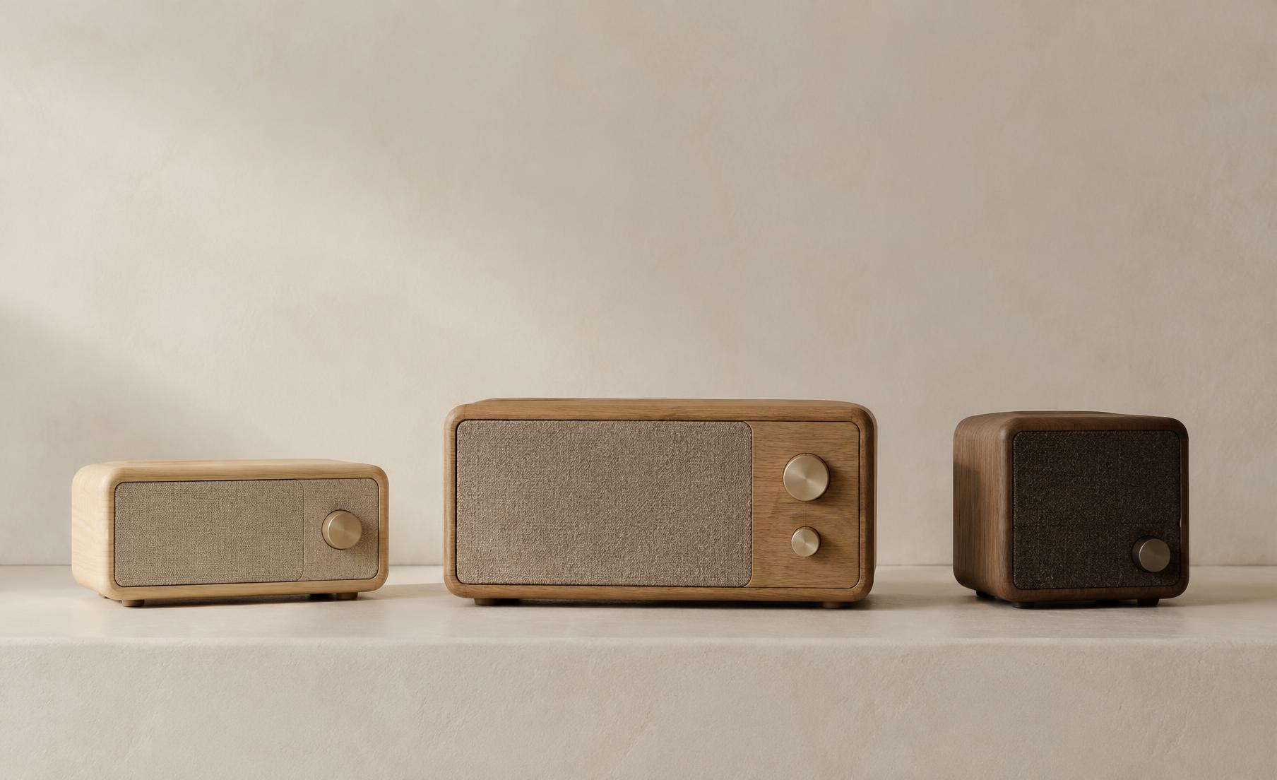 Muse, Clio and Calliope in ash, oak and walnut arranged in a row on a pale plaster ledge