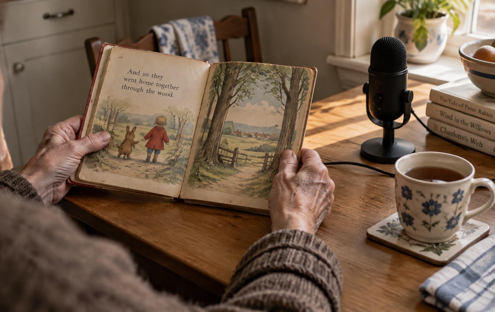 An older person's hands holding an open picture book at a kitchen table beside a microphone